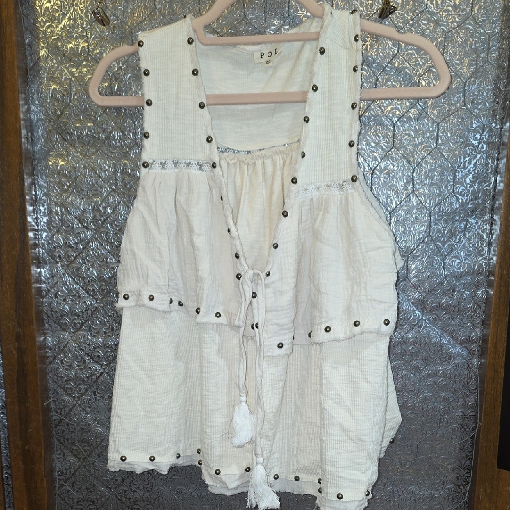 POL Cream Textured Top Or Vest Rivets Lace And Ruffles